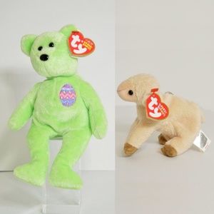 Easter TY Beanie Baby Eggs 2007 Green Teddy Bear & Ewey Lamb Basket Beanies NEW